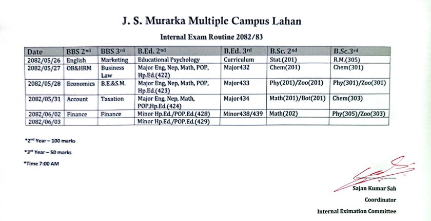 Examination Routine 2082 J.S. Murarka Multiple Campus Lahan