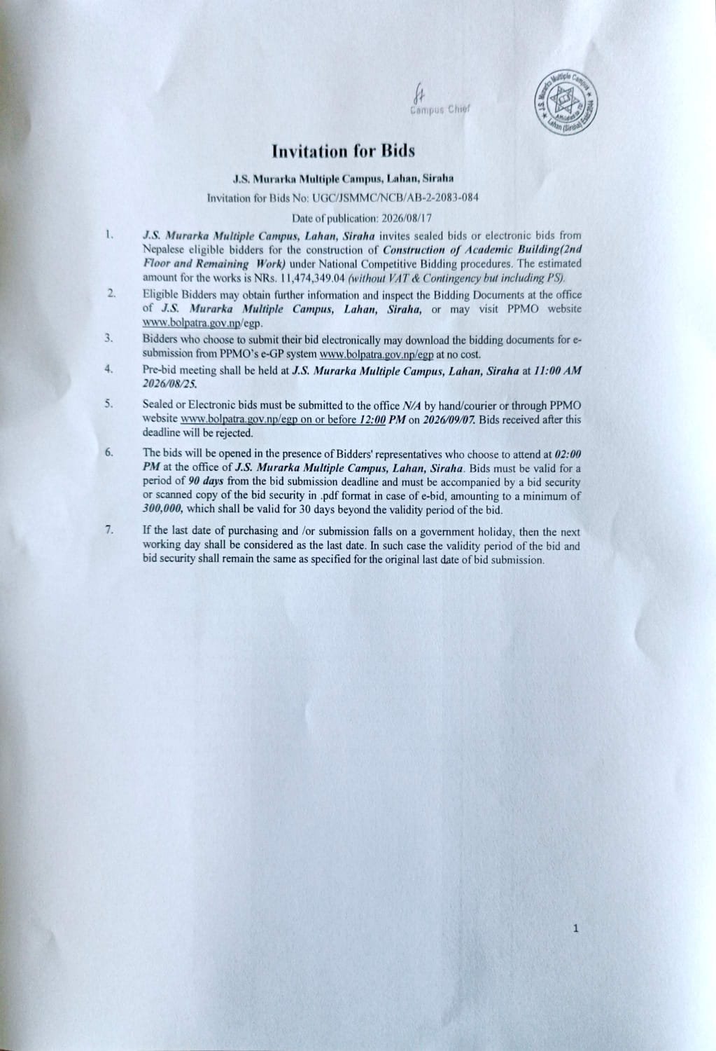 Invitation for Bids for Academic building J.S. Murarka Multiple Campus Lahan