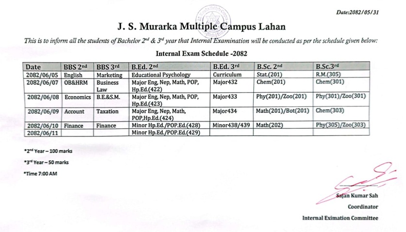 exam schedule 2080 J.S. Murarka Multiple Campus Lahan